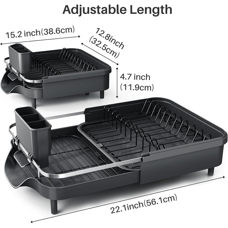 Séchoir à vaisselle réglable en acier inoxydable avec porte-couverts pour comptoirs de cuisine, Noir mat