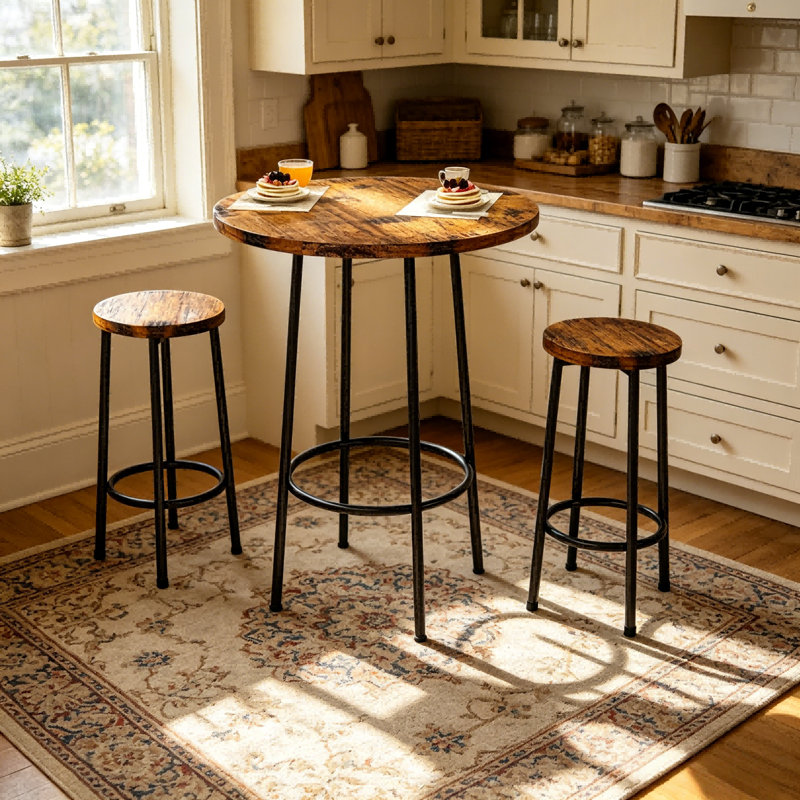 3-Piece Round Pub Table Set, Industrial Bar Height Bistro Table With 2 Backless Stools, Rustic Reclaimed Wood Finish, For Small Kitchen, Apartment & Breakfast Nook
