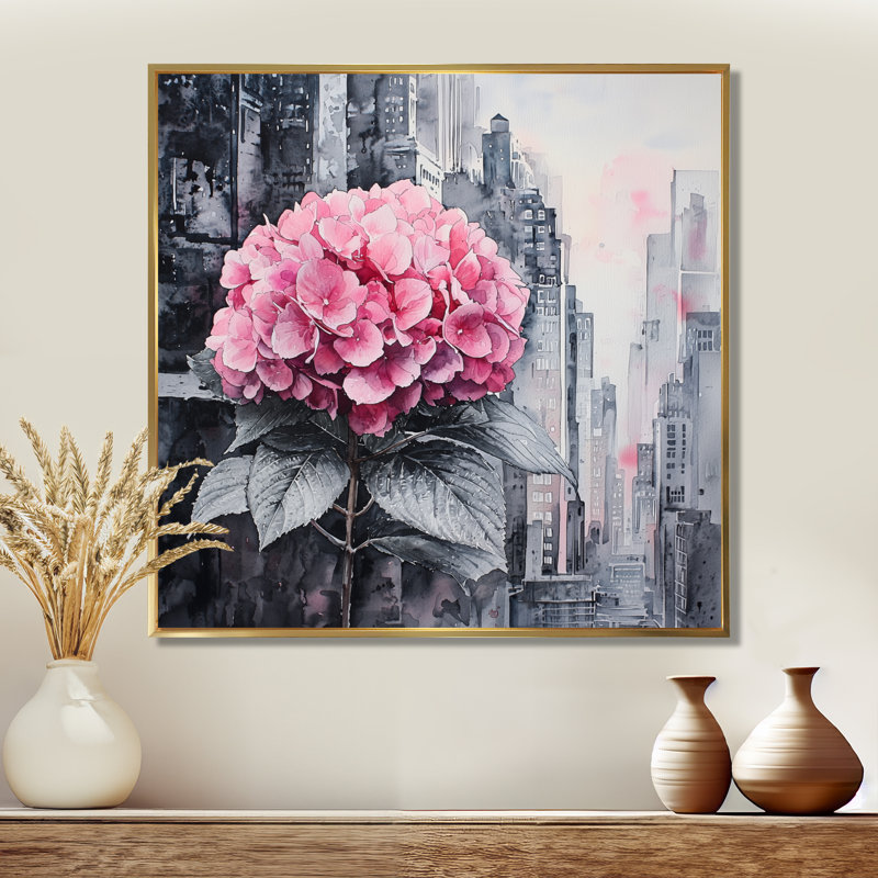 «Hortensias monochromes dans la ville», art mural hortensias, Impression encadrée flottante, H 16 po x l 16 po, Doré