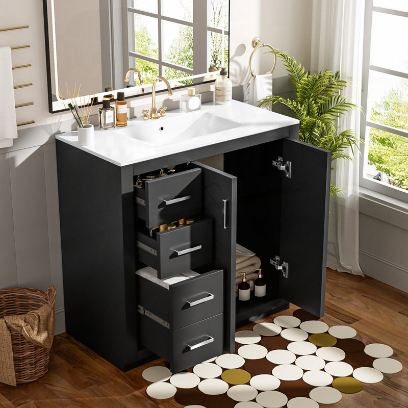 Meuble-lavabo autoportant avec rangement abondant et fabrication durable, Noir