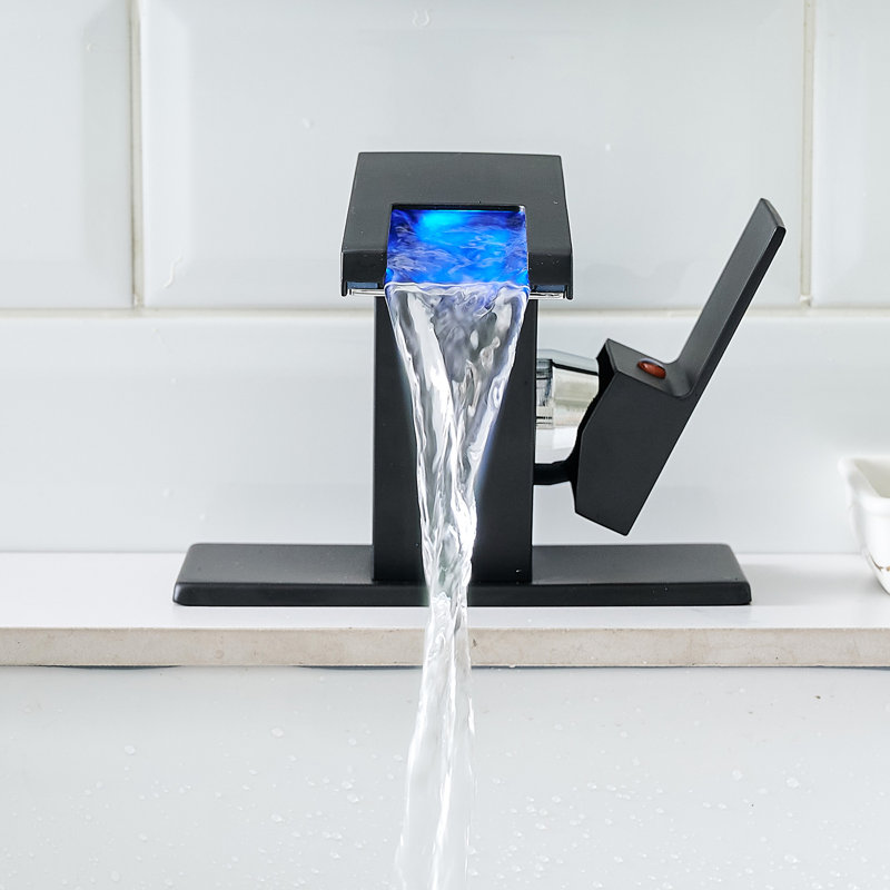 Robinet de lavabo de salle de bain à DEL avec bec cascade à 3 couleurs changeantes, fixation sur le pont, mélangeur d'eau chaude et froide, robinet de lavabo noir, couleurs changeantes, poignée simple, fixation à un trou,