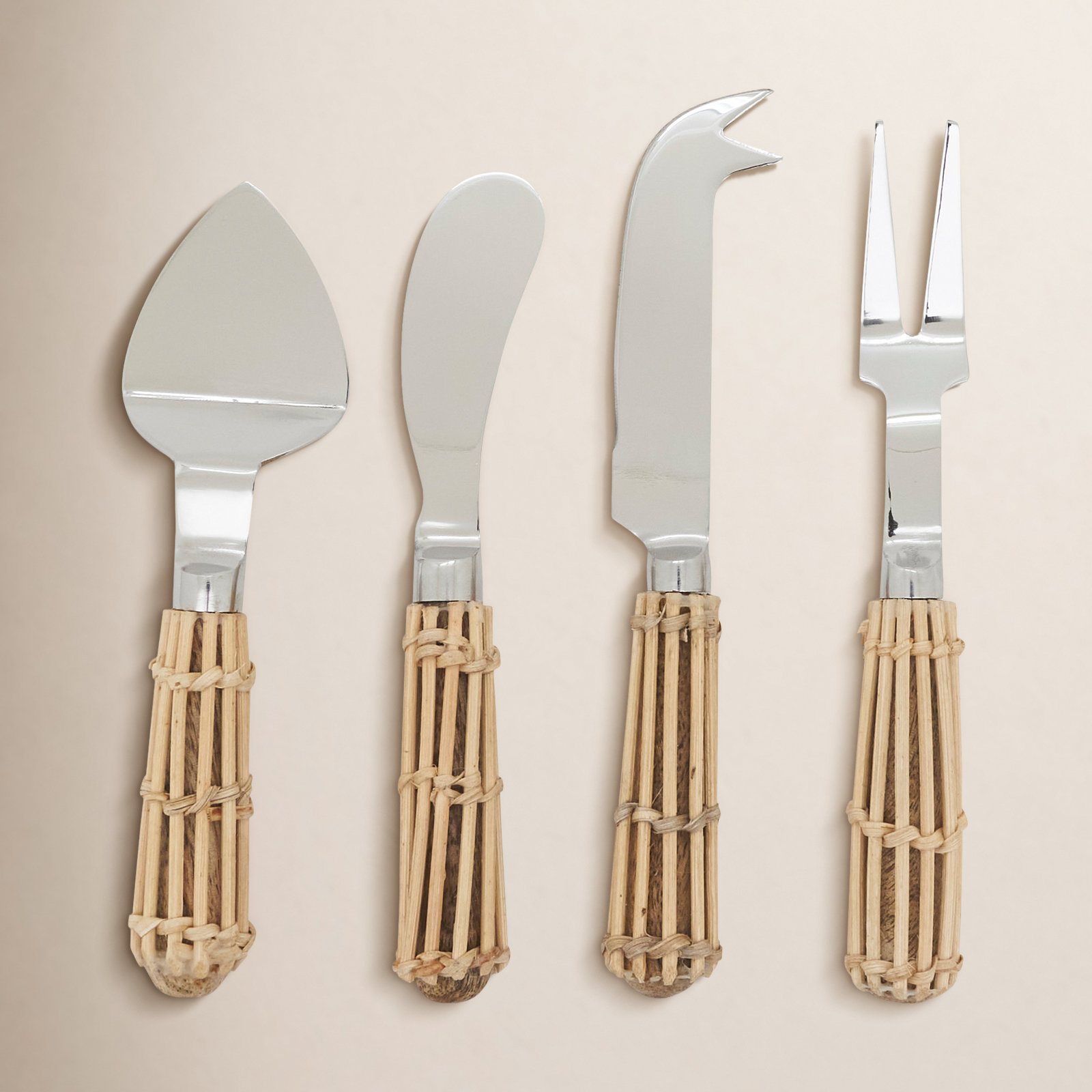 Wicker Handle Stainless Steel Cheese Serving Set