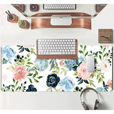 Tapis de souris de bureau vert de jeu, motif floral violet, bleu et rose, grand format (TG), avec bords cousus, idéal pour la décoration de bureau à domicile ou à la maison. Dimensions : 40 x 80 cm. Tasse blanche offerte.