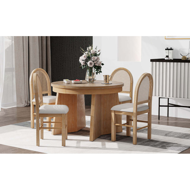 Table de salle à manger 5 pièces avec rallonge centrale de 16 po et 4 chaises rembourrées, Bois naturel délavé