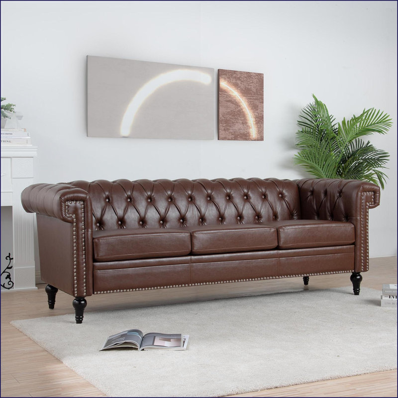 Sofas Couches, 83.66 Inch Traditional Square Arm 3 Seater Sofa with Removable Cushions | Dark Brown | PU