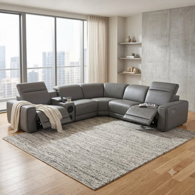215" Breathable Leather Intelligent 6-Piece Power Reclining Sectional Sofa with Dual Power Headrest & Footrest, Storage Console, Multimedia Control Panel & Built-in Speaker