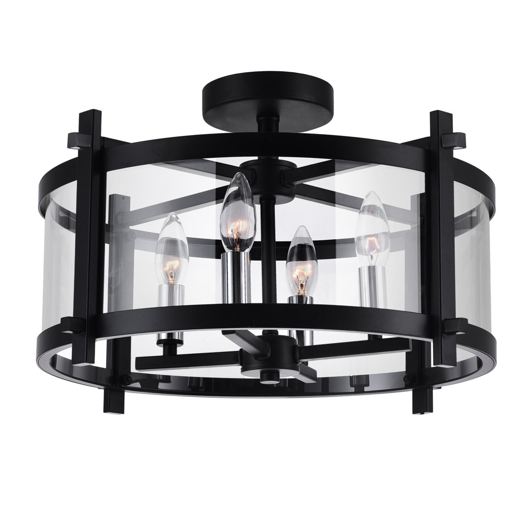 4-Light Black Flush Mount Ceiling Light - 18" Round Cage Fixture with Clear Glass, Candelabra Base, Modern & Rustic Lighting for Bedroom, Kitchen, Entryway Gracie Oaks