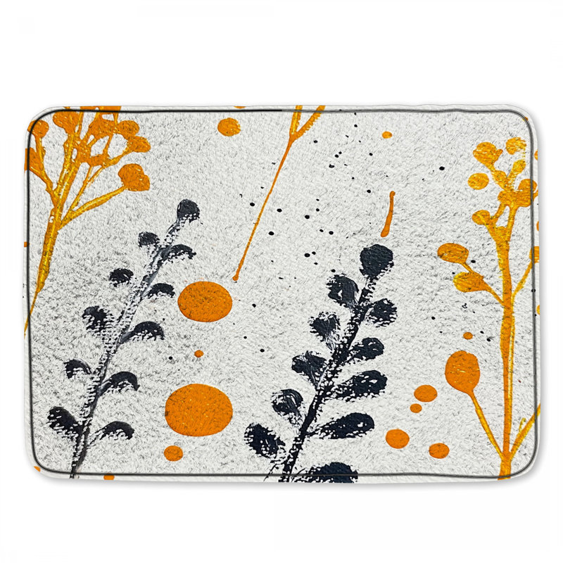 Tapis de bain floral, Simple - L 24 po x l 17 po, Blanc / orange / motif floral noir