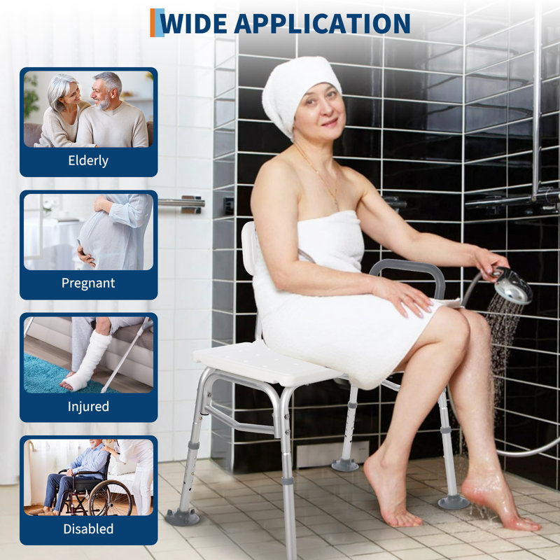 Tub Transfer Bench & Shower Chair – Non-Slip Aluminum Body with Backrest & Padded Armrest, Adjustable Seat Height, 300 lb Capacity – Bath & Shower Safety, Transfer Bench