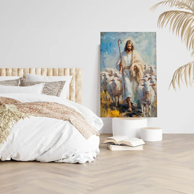 Tableau encadré représentant Jésus, son troupeau et la houlette d'un berger. Décoration murale chrétienne idéale pour une chambre, un salon, un corridor ou une résidence étudiante. Prêt à accrocher.