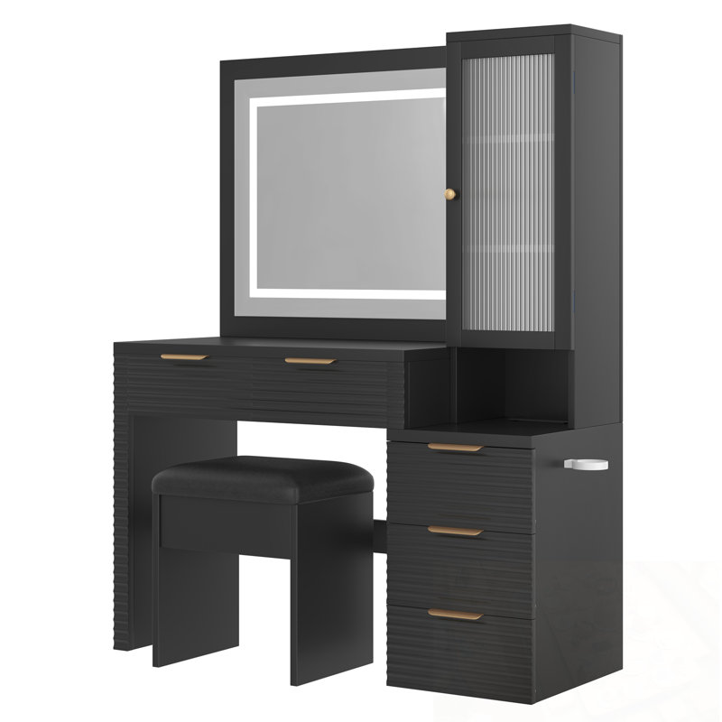 Bureau de coiffeuse avec miroir lumineux, station de charge, 5 tiroirs et armoire à porte en verre