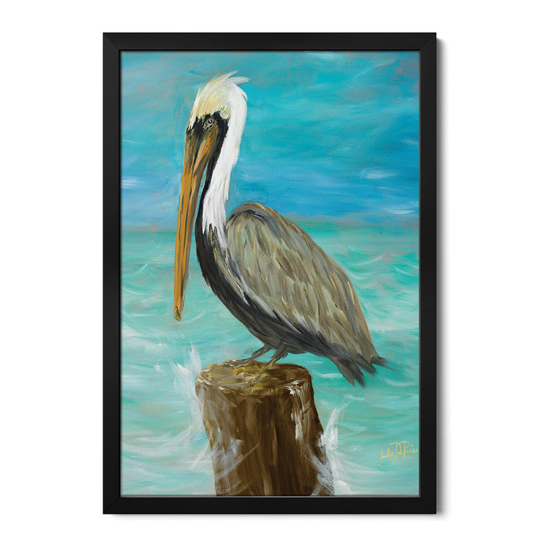 «Single Pelican on Post», affiche encadrée par Julie Derice, H 24 po x l 16 po