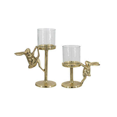 Ensemble de 2 porte-bougie pilier lapin or avec abat-jour ouragan en verre transparent