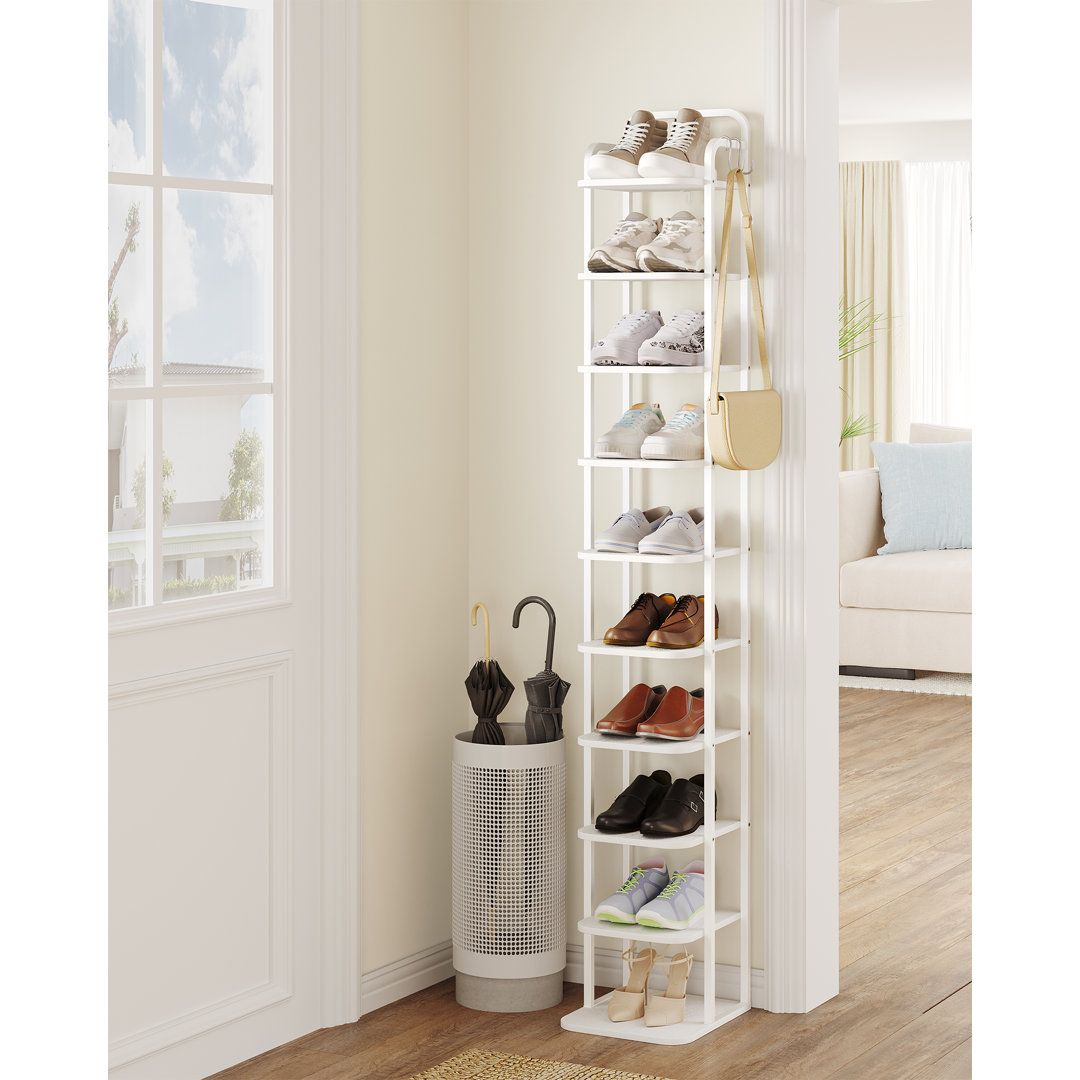 Vertical Shoe Rack, Shoe Shelves, Wood Shoe Organizer for Closet, Entryway, Shoe Tower for Small Spaces, Free Standing, Adjustable, with 2 Hooks