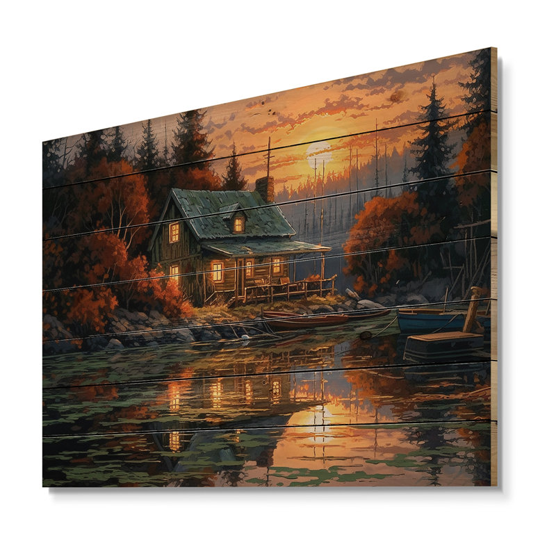 Autumn Sunset Cottage I sur impression sur bois, H 10 po x l 20 po x P 0,78 po