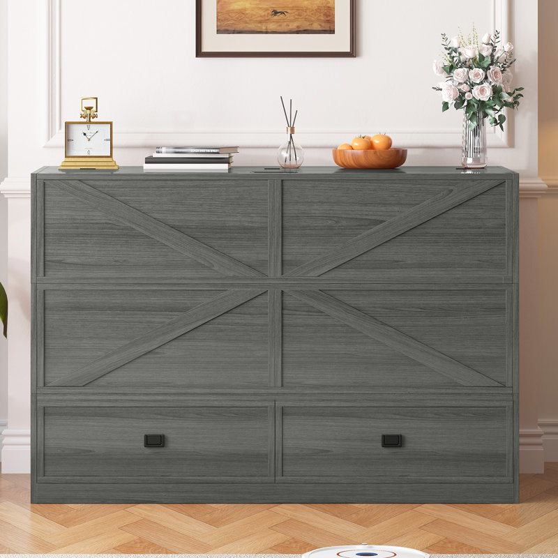 Grand lit escamotable moderne avec canapé convertible et matelas inclus, Gris