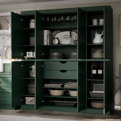 Armoire de cuisine haute Kyrrah 100% en bois massif avec portes et 2 tiroirs, tablettes réglables, armoire de rangement modulaire, l 65 po x H 71,5 po