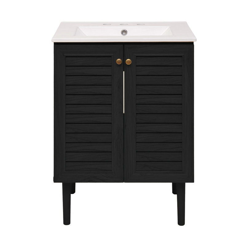 Meuble-lavabo autoportant 24 po en chêne noir avec comptoir à 3 trous Bron, Chêne noir, Blanc, 8 po