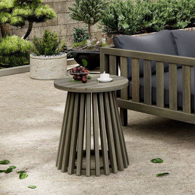 Table d'appoint d'extérieur en bois d'acacia pour le patio, table basse ronde pour la cour arrière, pelouse, balcon, finition grise