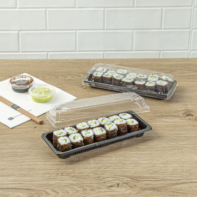 Restaurantware Plastic Sushi Trays 100 Pack of 8.4 x 3.3 x 1.65 Inch With Clear Lids Leak-Resistant Sushi Take Out Boxes Stackable Containers For Grab-And-Go