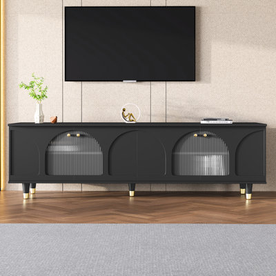 Tv Cabinet With Fluted Glass Doors, Adjustable Shelves For 78" Tvs, Black, Golden Accents, Living Room Use Stylish Stand Doors & Shelves, Fits Gold Handles, Black Media Console