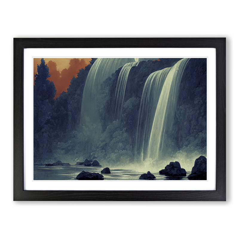 Harmonious Waterfall - Single Picture Frame Print, Black, 46cm H x 64cm W x 2cm D