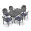 Ensemble de salle à manger rectangulaire pour patio 6 personnes, 170 cm de long, avec trou pour parasol, 6 chaises empilables avec coussins bleus