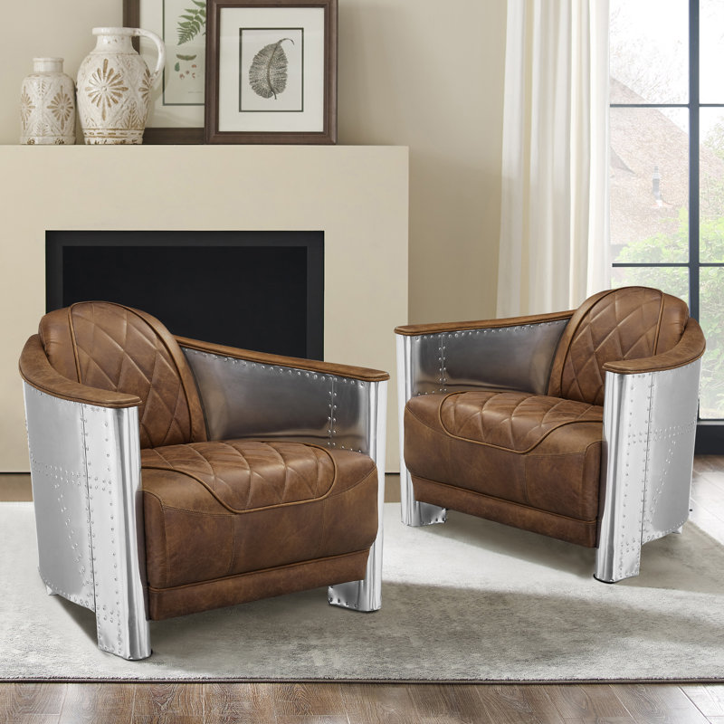 Alvenia 31.1"W Tufted Genuine Leather Accent Armchair, Chocolate