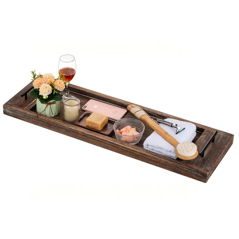 Plateau de baignoire en bois avec poignée, fini rustique vieilli, tablette de salle de bain minimaliste, longue et large, à poser contre le mur.