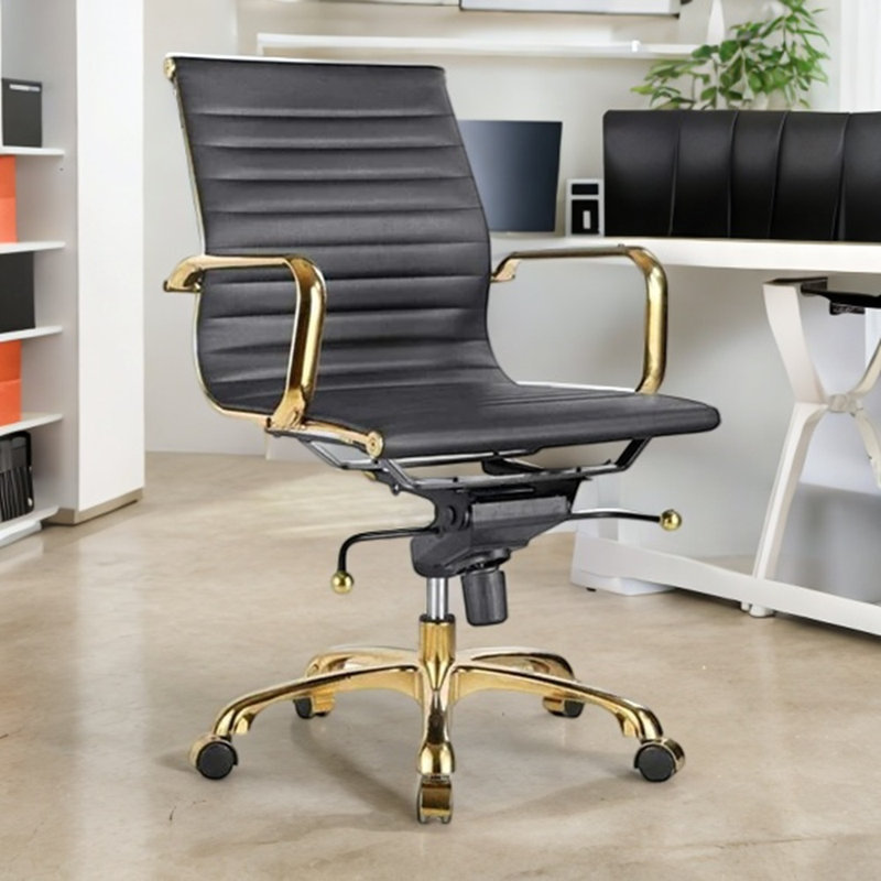 Chaise de bureau en cuir Lonty, Noir, noir, noir, noir, Doré