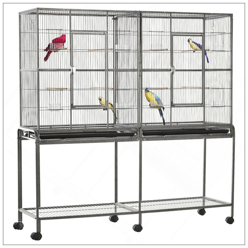 Spacieuse cage à oiseaux en métal à double roulement de 65 pouces avec support amovible, rangement et plusieurs perchoirs pour un entretien et une mobilité faciles
