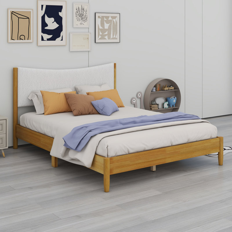 Solid Wooden Bed With  Upholstered Headboard