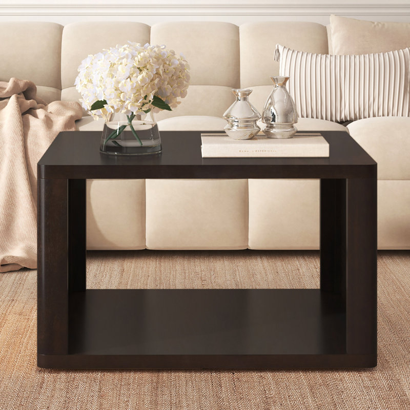 Table basse carrée pour salon en brun foncé Table basse avec rangement, table centrale à 2 niveaux avec compartiment de rangement semi-ouvert