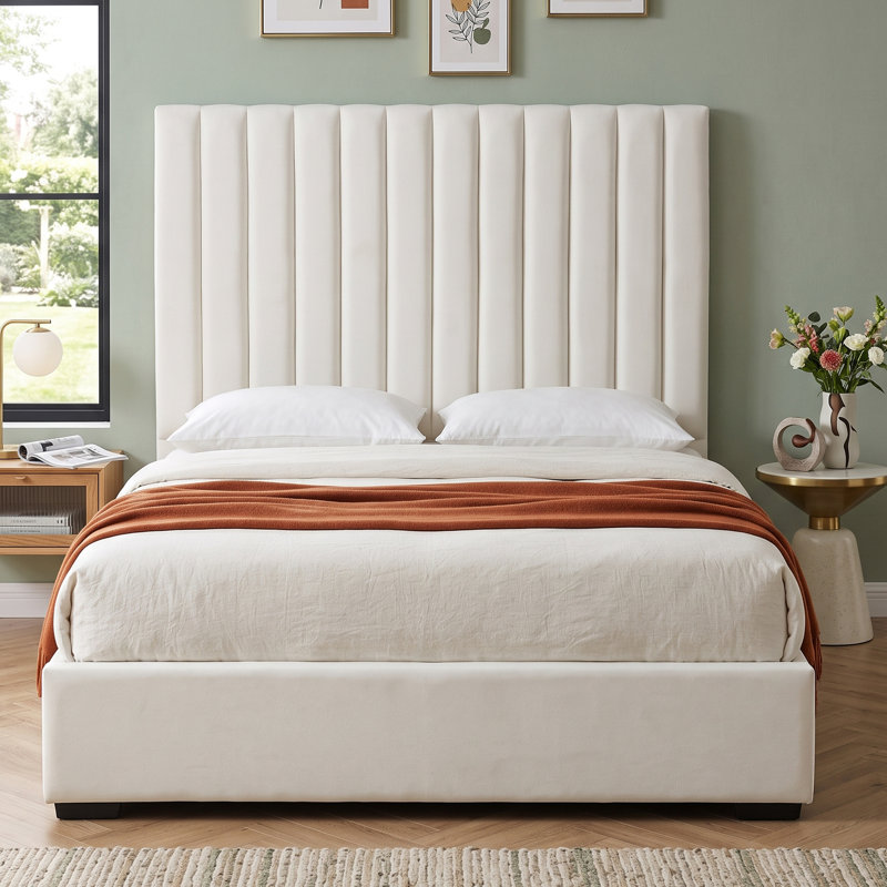 Modern Channel Tufted Velvet Upholstered Platform Bed with Extra-Tall Headboard and Storage Drawers, Queen, Cream , Queen