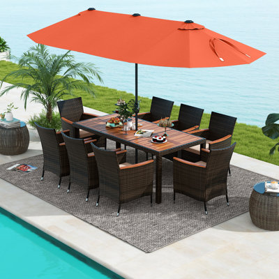 11 Pcs Patio Dining Table Chair Set With Umbrella And Base