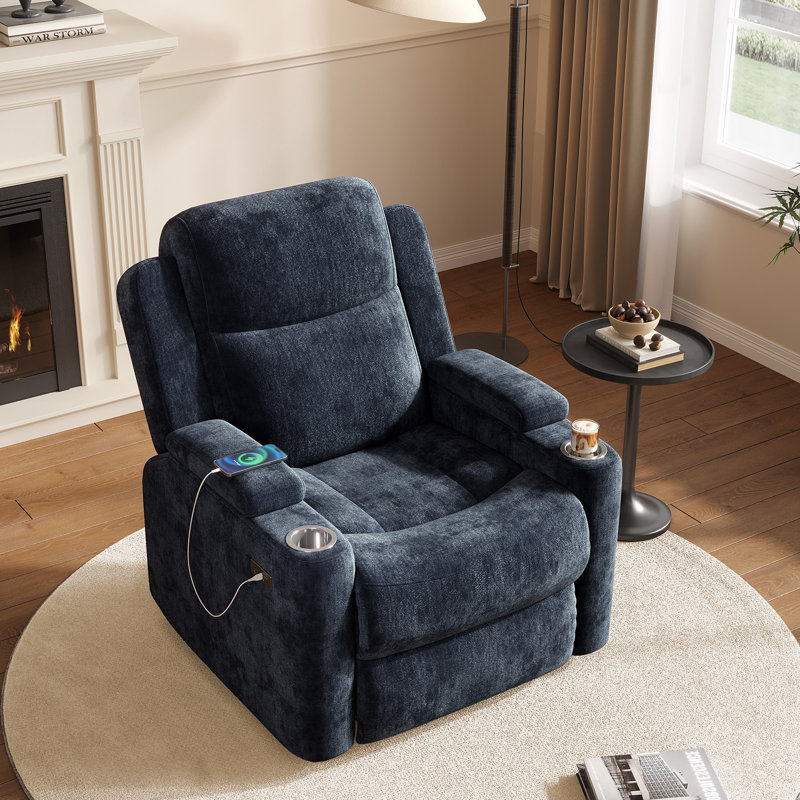 34.84" Wide Soft Chenille Power Recliner Chair with Swivel Function, Double Cup Holders and USB, Type-C Ports, Navy