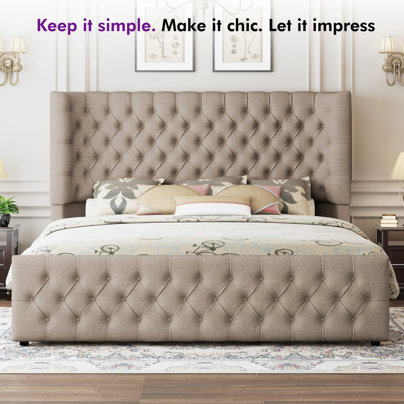 Deep Tufted Headboard Upholstered Wingback Bed, Beige, California King