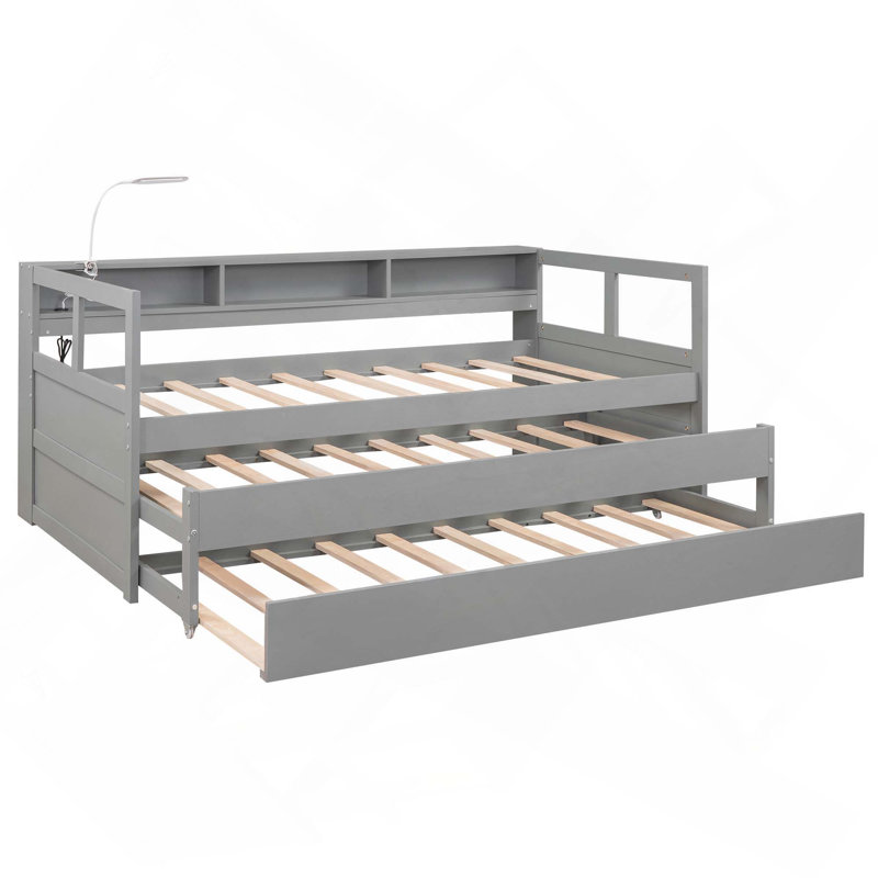Wood Daybed With 2 Trundles, 3 Storage Cubbies, USB Charging And Free Light Design, Gray