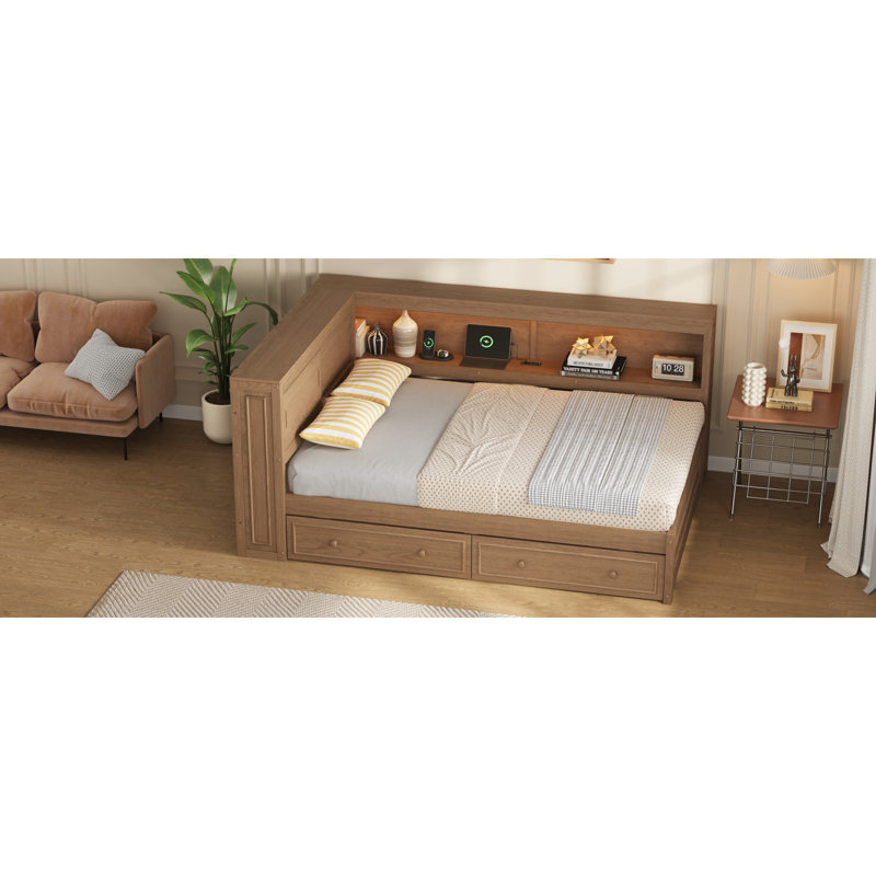 Full Size Wood Daybed With Storage Shelves, USB, LED, And 2 Drawers, Antique Wood Color, Wood