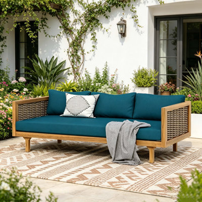 Outdoor 3-Seater Acacia Wood & Rattan Daybed Sofa with Water-Resistant Cushions, Patio Seating for Backyard & Garden