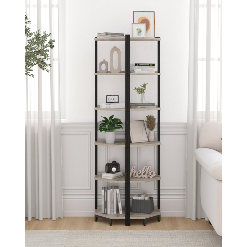 Corner Shelf Stand, Corner Bookshelf, Storage Standing Shelf Unit with Metal Frame, Plant Stand, Bookcase for Living Room, Home Office, Bedroom, 6-Tier Greige