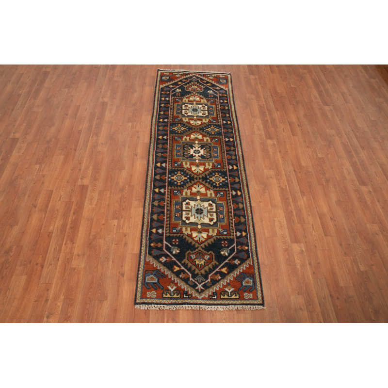 Tapis de couloir indien bleu foncé de style Kazak 3 x 8