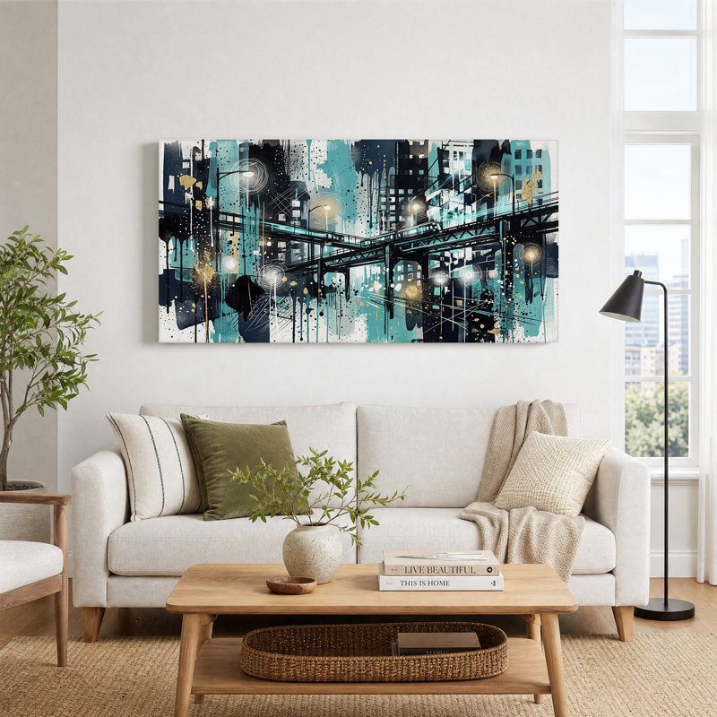 Art mural sur toile, paysage urbain sarcelle surélevé, 40“W x 20”H