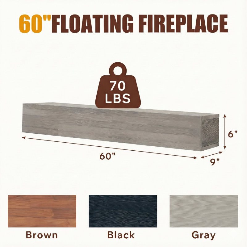 60" Solid Wood Fireplace Mantel, Floating Shelves, 60", Gray