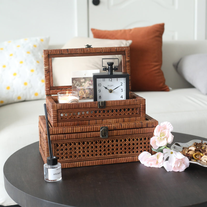 Ensemble de 2 boîtes décoratives en rotin avec plateau en verre Blynda, Brun