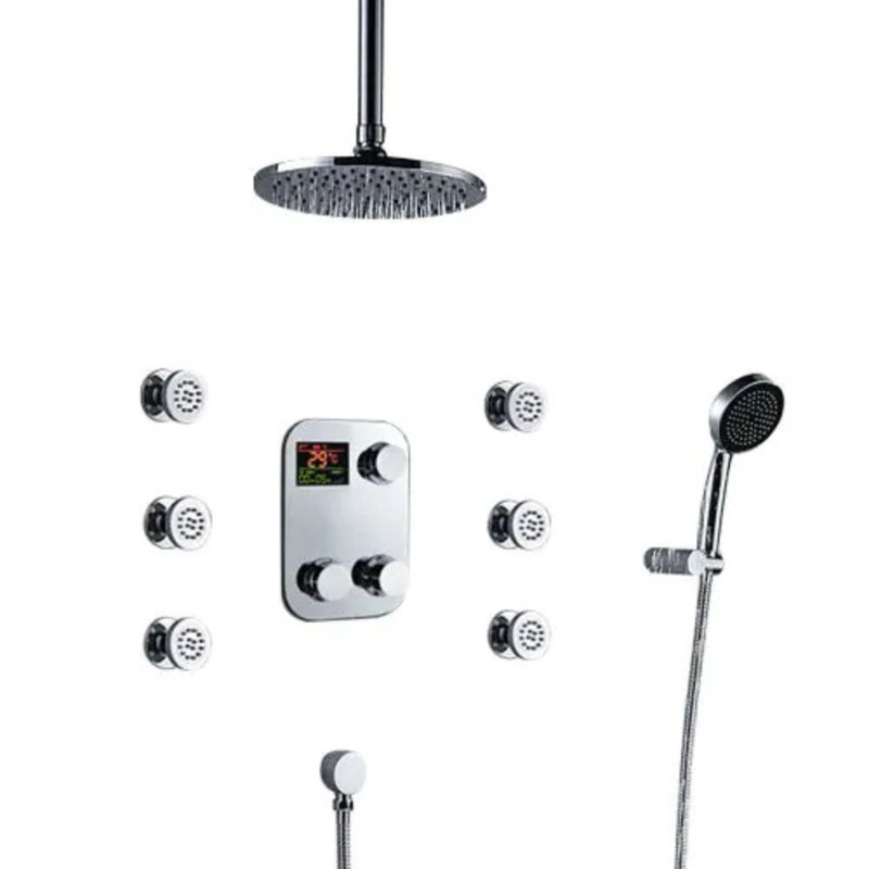 Juno Thermostatic Digital Brass Chrome Ceiling Mount Shower Head System and Hand Shower