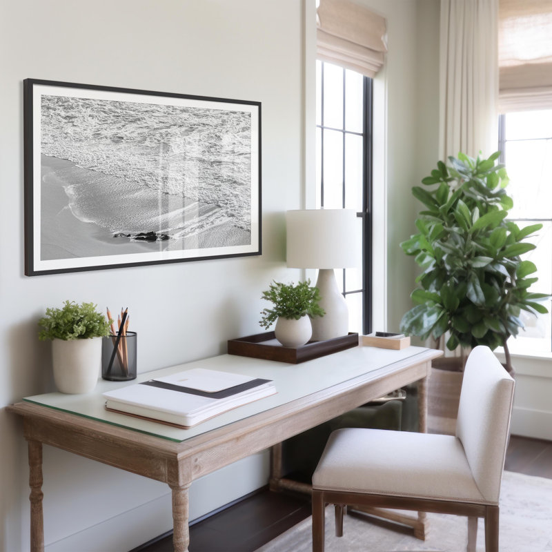 Black And White Shoreline Print by Carly Tabak, Black Wood, 44" W x 31" H