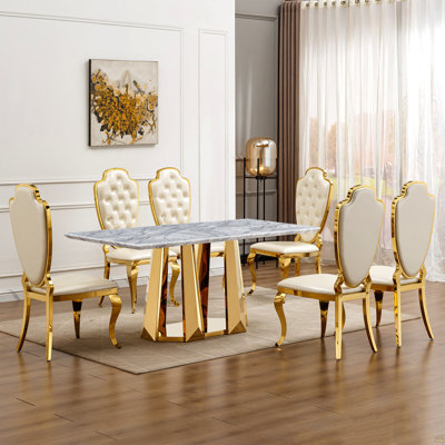 Marble Dining Table for 6 People, 70'' Rectangle Faux Marble Dining Table with Mirrored Finish Stainless Steel Base, Modern Large Size Marble Kitchen