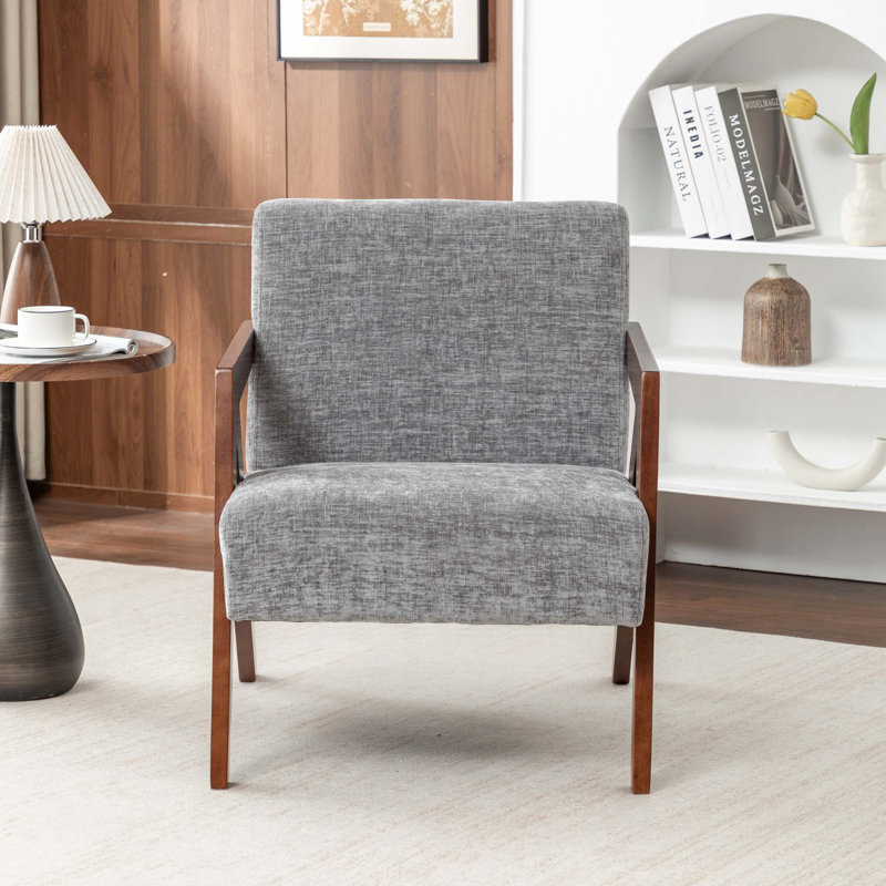 Chaise d'appoint Mid-Century moderne avec structure en bois massif et revêtement en lin doux, Lin gris pâle