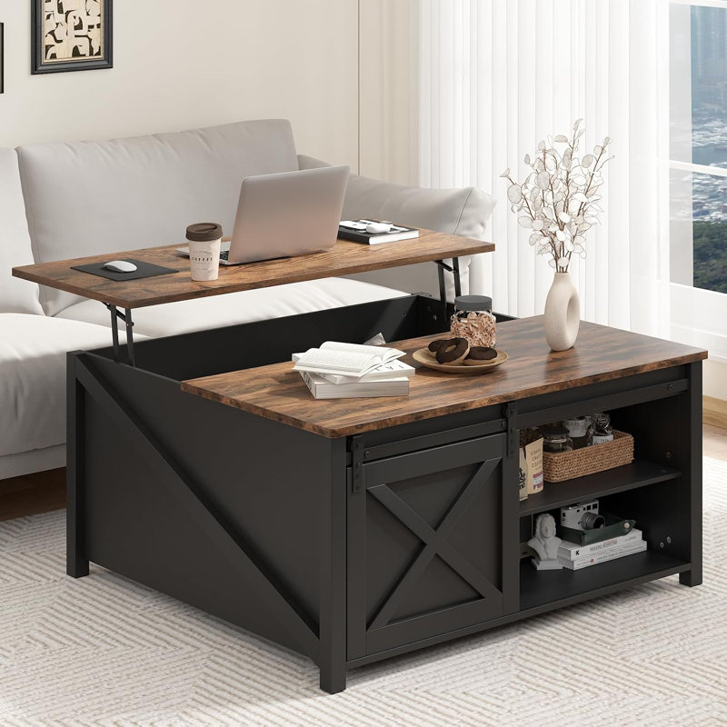 Lift Top Coffee Table with Storage, 31.5" Farmhouse Coffee Table for Living Room, Square Coffee Tables with Large Hidden Storage and Sliding Barn Doors, Black